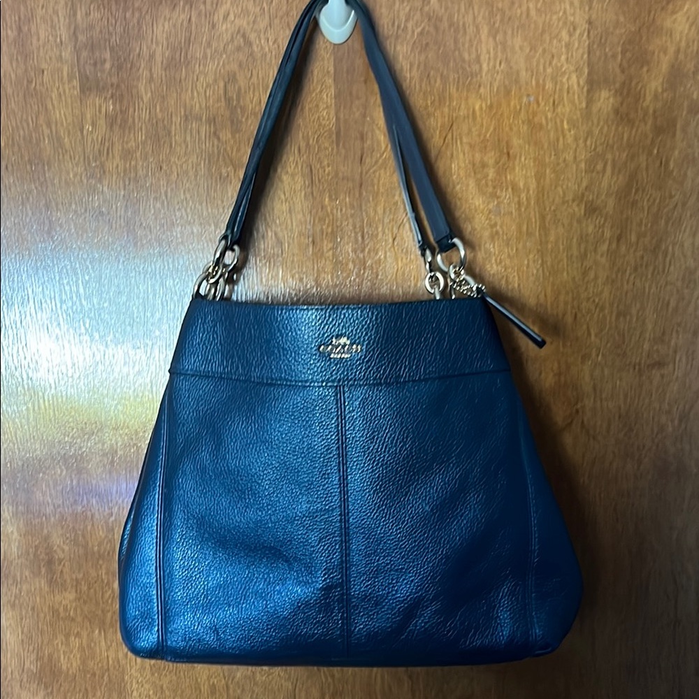 Coach Blue Shoulder Bag with Leather Material and Zipper Closure